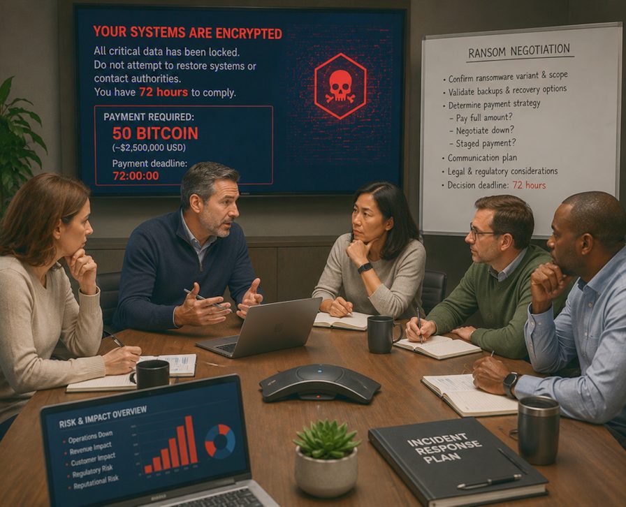A leadership team working a simulated ransomware scenario at a conference table